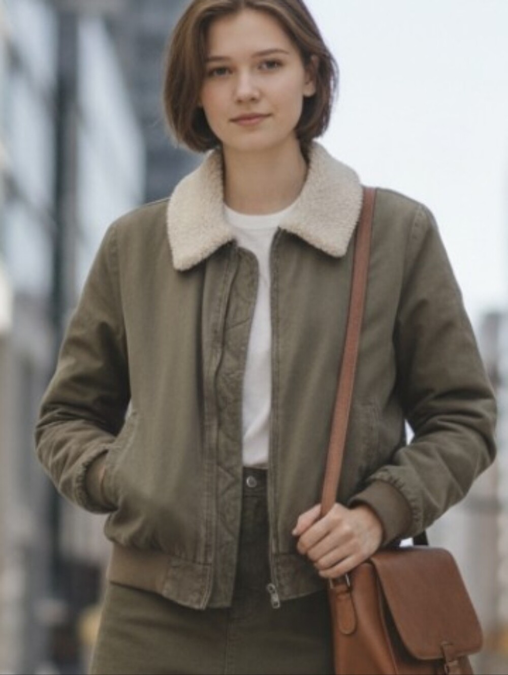 Brandy Melville Olive Green Canvas Bomber Jacket W/ Cream Sherpa Collar & Lining